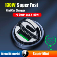 Mini USB C Car Charger Socket Adapter PD 130W Super Fast Charge in Car for iPhone Sumsung iPad Oneplus Huawei Oppo Vivo Phone