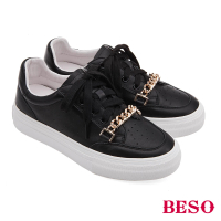 A.S.O 阿瘦集團 BESO 柔軟牛皮搭配金屬鍊條綁帶休閒鞋(黑色)