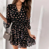 Women Ladies Heart Print Casual Chiffon Dress 2 Colors Summer Dress Women 3/4 Sleeve Ruffle Dress for Daily Life