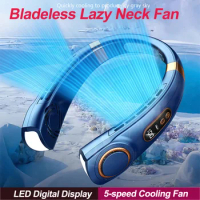 Bladeless Electric Fan 5Speeds USB Lazy Neck Fan Rechargeable Hands-free Cooler LED Digital Display Cooling Fan Outdoor Supplies