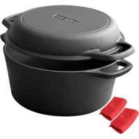 Cast Iron Dutch Oven Pot with Skillet Lid Cooking Pan, Cast Iron Skillet Cookware Pan Set with Dual Handles Indoor Outdoor
