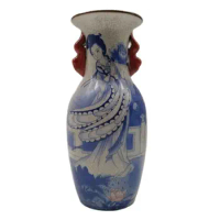 Chinese Old Porcelain Crack Glazed Ancient Ladies Painting Binaural Vase