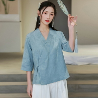 中式禪意女裝中國風漢服復古棉麻茶藝服裝美容師工作服唐裝套裝女