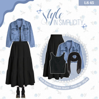 One Set Korean Style | 3in1 Setelan Wanita ( Jaket Jeans Denim, Rok Susun Panjang Hyget Hitam, Tank