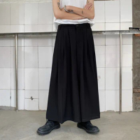Japanese Drape Culottes Men's Black Loose Wide-leg Big Flared Nine-point Pants Men's High Waist Dark Casual Samurai Pants