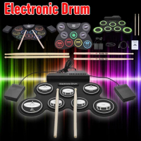 Portable Roll-Up USB Electronic Drum Kit Folding Music Silicone Drums with Drumsticks Foot Pedals Percussion Instrument for Kids