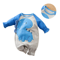 【JoyNa】嬰兒 純棉長袖包屁衣 藍色恐龍連身衣(斜前開扣整排.寶寶衣)