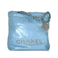 Chanel 22 Mini 仿舊銀Logo菱格紋縫線小牛皮斜背包(亞麻藍)