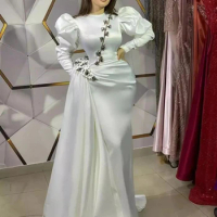 Elegant White Arabic Muslim Evening Dresses Mermaid Long Sleeves Evening Gowns Turkish Coutures Engagement Gowns Robes De Soirée