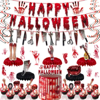Halloween Scary Bloody Theme Spooky Party Decoration Bloody Hanging Banner Clings and Balloon Kit for Vampire Zombie
