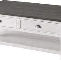 Solid Wood Coffee Table w/ Storage for Living Room, 2-Tier Rectangle Center Table w/ Drawers, White with Grey Top