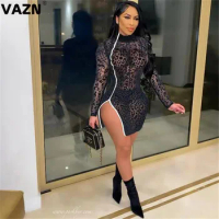 VAZN 2021 Hot Little Chap Sexy Black See Through Lace Young Turtleneck Full Sleeve Spit Women High Waist Thin Mini Dress