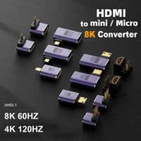 Mini /Micro HDMI-compatible to HDMI-compatible Converter 90 Degree HD 2.1 8K 60HZ UHD 48Gbps LED HDTV Adapter for Laptop Monitor