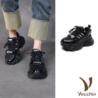 【Vecchio】真皮老爹鞋 厚底老爹鞋/真皮網布拼接厚底潮流個性老爹鞋(黑)