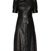 Women Lambskin Leather Dress Buckle Celebrity Sexy Outfit Leather Vintage Dress Bodycon Dress