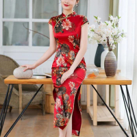 Chinese Style Long Slim Dresses Sexy Vintage Cheongsam Women Silk Formal Party Gown Print Flower Dress Orient Elegant Vestidos