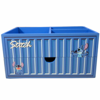 小禮堂 迪士尼 史迪奇 木製收納盒 橫式 單抽 三格 抽屜盒 置物盒 筆筒 貨櫃造型 (藍)