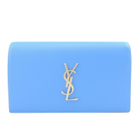 YSL 牛皮蓋釦經典金LOGO手拿晚宴包(天藍)