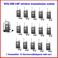 Boutique UHF Wireless Tour Guide Translation System 1 Transmitter 15 Receivers 15 Earphone Headset Microphone Teaching System