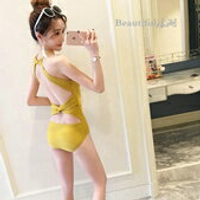 韓版連身薑黃色比基尼個性泳衣性感小胸聚攏顯瘦遮肚溫泉度假泳裝 雙十一購物節