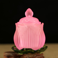 佛教用品佛堂圣水杯 琉璃玻璃供杯大悲水浮雕蓮花供水杯供佛粉色