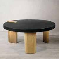 Sleek Round Coffee Table Wood Veneer Top Gold Legs 37" Diameter Modern Living Room Decor