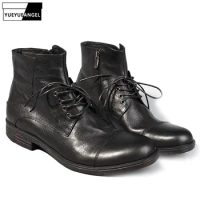 100% Real Leather Vintage Ankle Shoes Men Casual Lace Up Zipper Work Safety Boots Men Designer Black Motorcycle Cowboy Boots