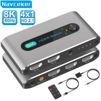 Navceker HDMI 2.1 Switch Splitter 120Hz 4-port HDMI 4K 120Hz Splitter Switcher 48gbps HDMI 2.1 Switch 8K with remote Dolby Vison