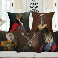 European Vintage Oil Painting Animals Cushion Covers Deer Cow Ostrich Bird Monkey Sea Dog Print Pillow Case