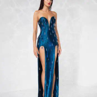 Blue Sexy Strapless Luxury Diamond Bodycon Prom Bodycon Bandage Dress Sexy Midi Runway Cocktail Celebrity Evening Party Dress
