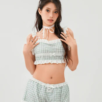Women s 2 Piece Summer Set Square Neck Lace Trim Crop Adjustable Spaghetti Strap Tops Elastic Waist Plaid Shorts Outfits