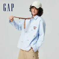 【GAP】男裝 Logo純棉翻領長袖襯衫-天藍色(877617)