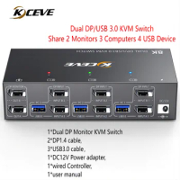 KCEVE KVM Switch 2 Monitors 3 Computers 8K@60Hz 4K@144Hz,USB3.0 Dual Monitor KVM Switches Displayport 1.4 with 4 USB 3.0 Device