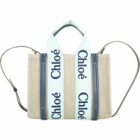 CHLOE Woody 小型 字母刺繡織帶亞麻帆布手提/斜背托特包(深藍皮革)