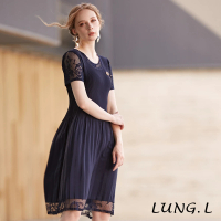 【LUNG.L 林佳樺】LN35H 藍色壓褶拼接蕾絲洋裝(女裝 洋裝)
