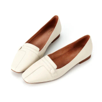 【HERLS】平底鞋-全真皮縫線拼接設計圓釦小方頭平底鞋(米白色)