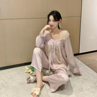 Korea Style Lace Women's Summer Satin Pajama Set Long Sleeve Ladies Spring Silk Like Sleepwear 2 Pcs Solid Pijama for Female
