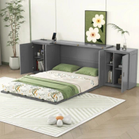 Queen Size Murphy Bed with Shelves, Cabinets and USB Ports,Adult and adolescent beds, children's beds，single bed