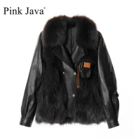 pink java QC21019 women fashion real fox fur jacket winter fur coat real leather jackets natural sheep leather clothes