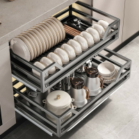 槍灰拉籃廚房櫥櫃調味不銹鋼雙層抽屜式碗架碗盤收納滑軌廚櫃碗籃