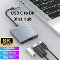 USB C to DP1.4 3 In 1 Hub Thunderbolt3 Type-C To 8K@60Hz 4K@144Hz Displayport/USB/100W PD Port Dock Converter For Laptop Monitor