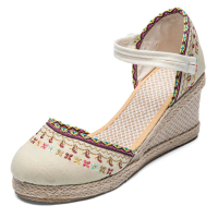 Espadrilles baji kanvas bohemian untuk wanita, sandal linen buatan tangan dengan tali buku lali, pla