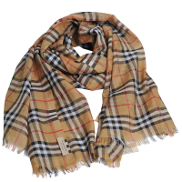 BURBERRY Vintag 義大利製格紋輕盈格紋羊毛絲綢圍巾(經典駝色/220x70)