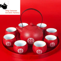 Wedding Ceramic Tea Set Wood Tray Handmade Teapot Kettle Teacups Chinese Red Tradition Teaware Tea Ceremony Set Holiday Gifts
