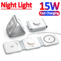 Foldable Night Light Magnetic Wireless Charger Stand For iPhone 12 13 14 15 Pro Max Airpods Apple Watch 8 Fast Charging Station