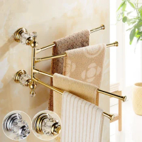 European Gold Crystal Rotating Towel Rack Bathroom Movable Bar Swivel Rail Multi-rod Activity Holder Polished