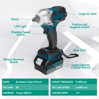 Brushless Electric Wrench Impact Power Tool Rechargeable Drill Driver Cordless Screwdriver for 18V Makita Battery Dual / Single