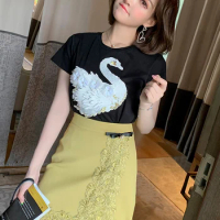 Embroidered three-dimensional Swan pattern with diamond sequins T Women's T-shirt New summer