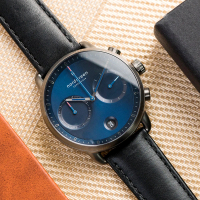 【Nordgreen】ND手錶 先鋒 Pioneer 42mm 深空灰殼×藍面 極夜黑真皮錶帶(PI42GMLEBLNA)
