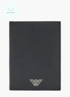 Emporio Armani ASV Eagle Plate Passport Holder in Black Regenerated Saffiano Leather